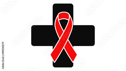 Medical cross with a red ribbon symbolizing healthcare support for people living with hivaids, isolated on white backgro