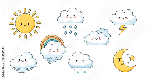 Delightful Weather Friends: Charming Cartoon Sun, Clouds, Rainbow, and Moon Illustrations