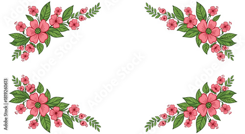 Elegant hand-drawn pink floral border with lush green leaves framing a clean white background, perfect for decorative designs.