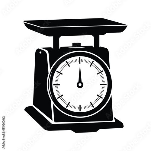 Black silhouette of a vintage kitchen scale with a round dial weighing measurement