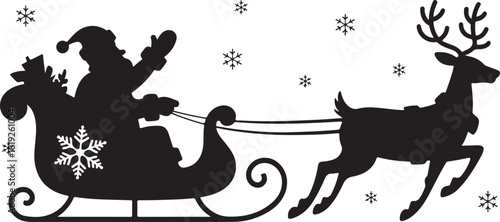 Silhouette shows Santa Claus in a sleigh being pulled by a reindeer amid falling snowflakes