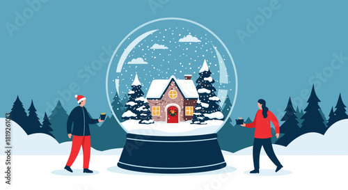 Two people stand outside a giant snow globe depicting a festive winter house surrounded by snow-covered pine trees and falling snow.