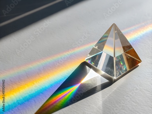 Crystal prism refracting light into a spectrum of rainbow colors on a white surface
