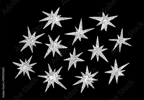 Celestial sparkle collection with chalk-textured elements, pastel sketched icons and twinkling shapes. Vector illustration featuring cool star figures, party decorations on chalkboard background.