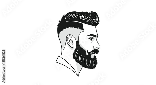 Profile illustration of a trendy hipster man with a modern fade haircut, a full beard, and a styled mustache, in black and white.