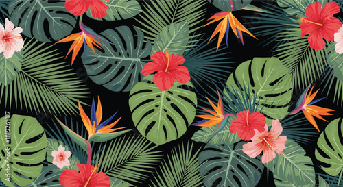 Seamless tropical pattern with lush green monstera and palm leaves, vibrant red hibiscus, and exotic Birds of Paradise flowers on a dark background.