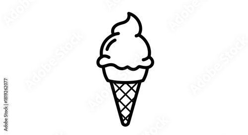 Single scoop outlined ice cream cone drawing on solid white providing summery feel