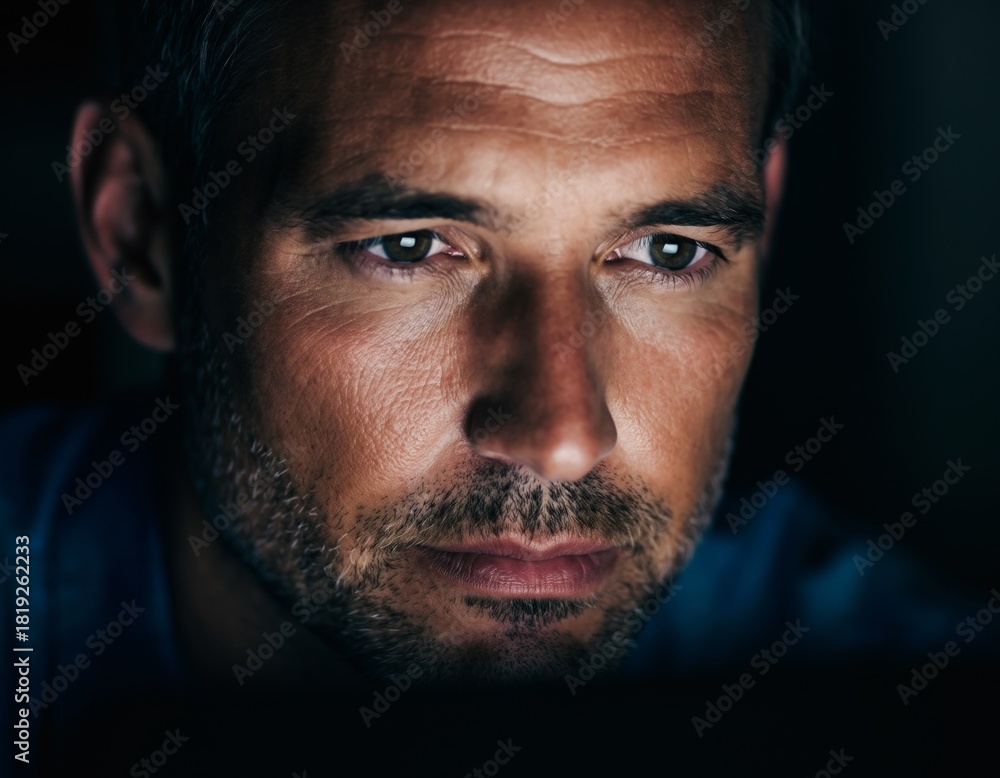 Fototapeta premium Man Deep Concentration Focused Intense Work Late Night