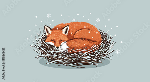 A cozy red fox sleeps soundly curled up in a snowy twig nest while gentle snowflakes fall around it during a peaceful winter day.
