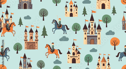 Seamless pattern with cartoon castles, knights on horseback, and trees under a light blue sky, creating a whimsical medieval landscape.