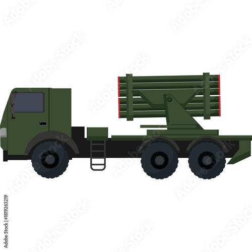 Military Rocket Launcher Truck Green Vehicle With Multiple Tubes Ready To Fire Against Transparent Background