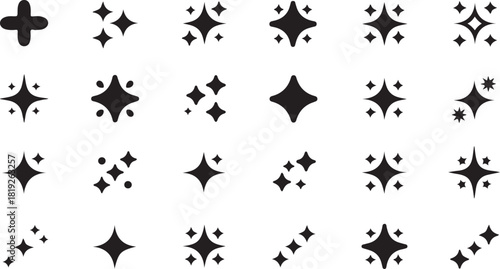 Collection of various sparkling star shapes in black color arranged on a white background presents transparency