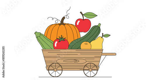A rustic wooden cart overflowing with a colorful autumn harvest of fresh fruits and vegetables, perfect for a healthy lifestyle.
