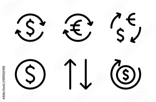 Dynamic exchange icon set featuring modern currency and transaction symbols crafted for financial platforms, money transfer visuals, and global trade projects