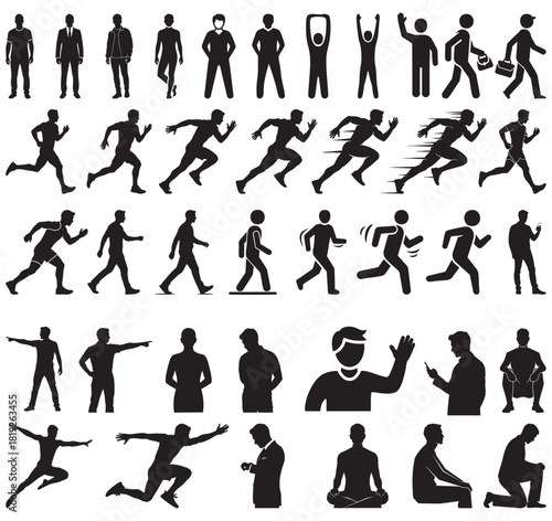 Man stands, walks, and runs icon set. person, man, silhouette, body,