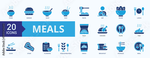 Meals Icon Set Flat Blue iLLustration Vector