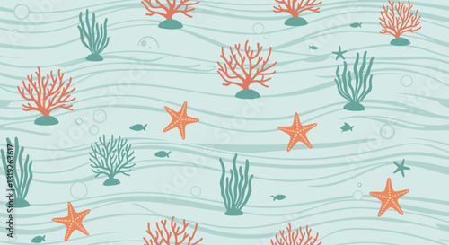 A vibrant and playful seamless underwater pattern featuring colorful coral, starfish, fish, and seaweed, perfect for backgrounds and textile designs.