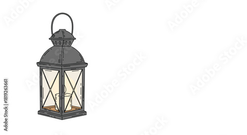 A hand-drawn illustration of a vintage dark grey metal lantern with a lit candle inside, casting a warm glow on a white background.