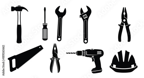 A collection of black silhouette tools including a hammer wrench and drill