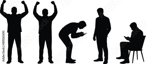 Celebration silhouette, mobile device posture, modern behavior, standing pose, seated figure, technology impact, gesture contrast, business attire, emotion, lifestyle