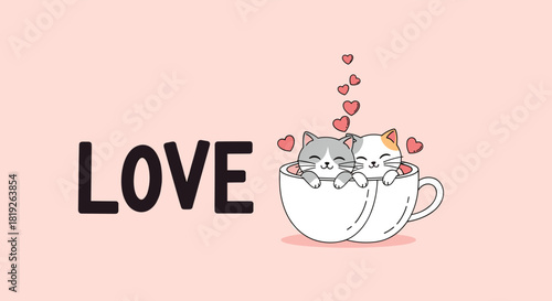 Adorable cartoon cats snuggled in a teacup, expressing love with floating hearts and "LOVE" text on a soft pink background.