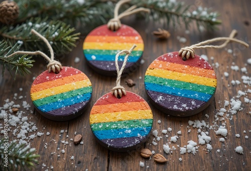 Handmade rainbow pride Christmas ornaments on rustic wooden background with pine branches and snow.