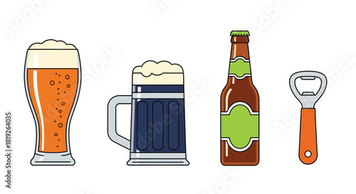A colorful illustration depicting beer in a glass mug bottle and opener