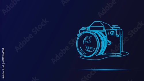 Glowing Blue Outline Vector Illustration Of A Classic Vintage SLR Camera Displayed Against A Deep Dark Navy Background Perfect For Photography Enthusiasts And Digital Art Projects Representi