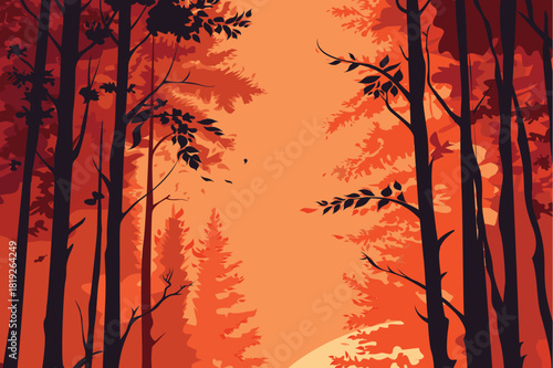 Vibrant forest landscape in warm red and orange hues, featuring tall trees, scattered leaves, and soft sunlight filtering through. Atmospheric nature scenery with dramatic depth.