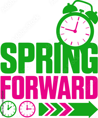 Spring forward time change reminder with clocks and arrow