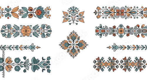 Collection of hand-drawn botanical borders and symmetrical ornaments, featuring folk-inspired flower and leaf designs in muted tones.