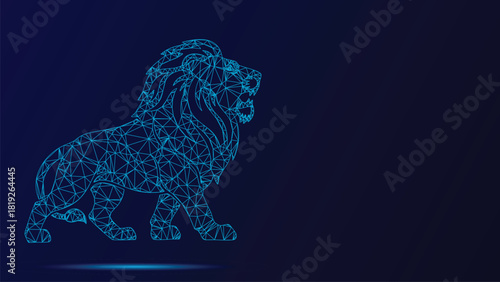 Majestic Low Poly Lion Walking Forward In Futuristic Blue Wireframe Style Over A Deep Navy Background Representing Digital Strength Power And Advanced Technology Connections