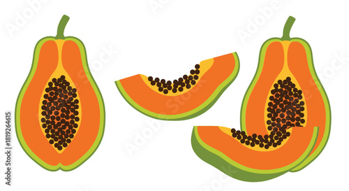 Illustration of sliced papayas showing the orange flesh and black seeds