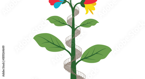 Surreal and imaginative illustration of a tall flowering plant with a spiral staircase winding up its green stem.