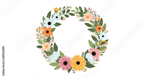 A vibrant and cheerful floral wreath featuring a beautiful arrangement of colorful spring and summer flowers with lush green leaves on a white background.