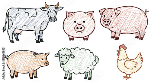 Set of six cute farm animals including a cow, pigs, a sheep, and a chicken in a child's scribble sketch style.