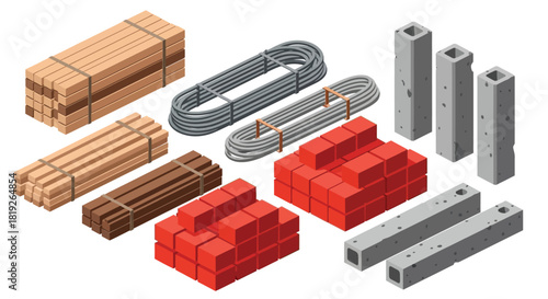 Isometric illustration of building materials wood steel bricks and concrete
