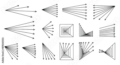 Collection of fifteen abstract arrow and line formations in a black and white line art style, showing radiation and perspective.