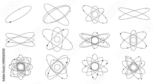 A set of twelve scientific icons representing atomic orbits and particle pathways in a black and white line art style.