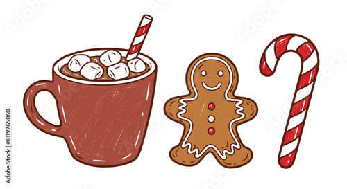 Cozy winter holiday treats including a mug of hot chocolate with marshmallows, a gingerbread man, and a candy cane.