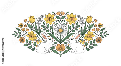 Two white rabbits sitting among a vibrant spring floral arrangement with daffodils, tulips, and a daisy, in a symmetrical illustrative style.