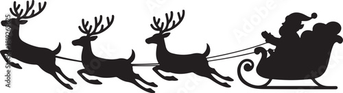 Santa travels in his sleigh, pulled by three reindeer; this has a transparent background