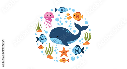 A cute circular cartoon illustration of various marine animals, including a whale, jellyfish, and fish, swimming among bubbles and seaweed.