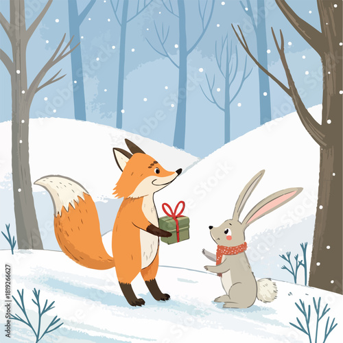 Cute cartoon fox in winter snow illustration vector for a Christmas holiday card