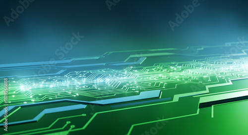 Technology Circuit Board: An intricate circuit board pulses with electric energy, its pathways glowing with data transmission. It illustrates cutting-edge innovation