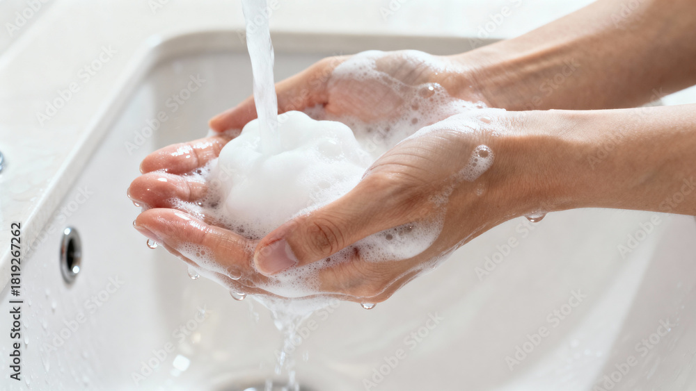 Fototapeta premium Man washing hands with soapy foam under running water for personal hygiene routine