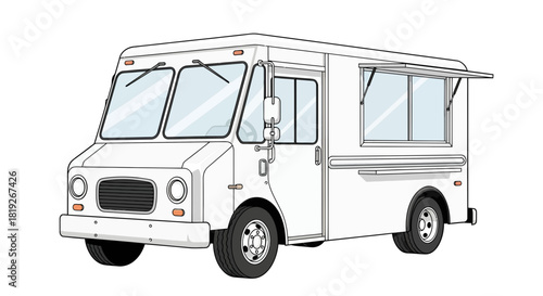 Minimalist drawing of a white food truck conveying simplicity and street cuisine vibes