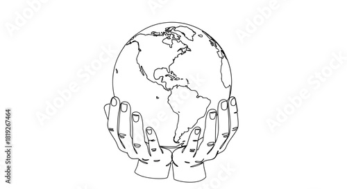 Minimalist line art depicting hands carefully holding and protecting the earth globe