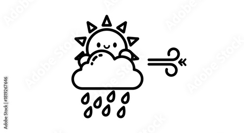 Monochrome weather illustration with sun peeking from a cloud and raindrops flowing
