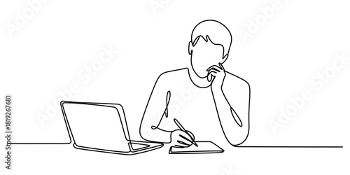 One line art man working, learning, focused on laptop and notes